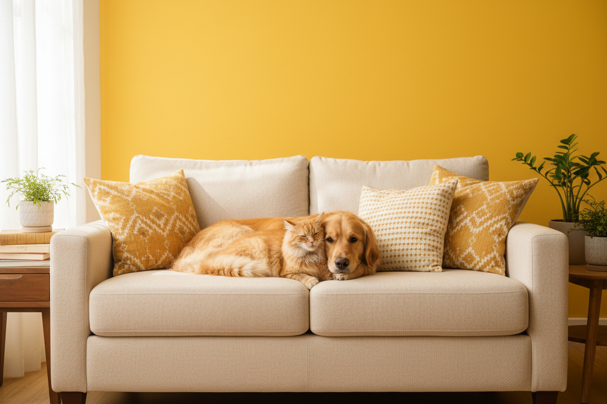 a bright yellow background and a dog and a cat sitting on a sofa in  center