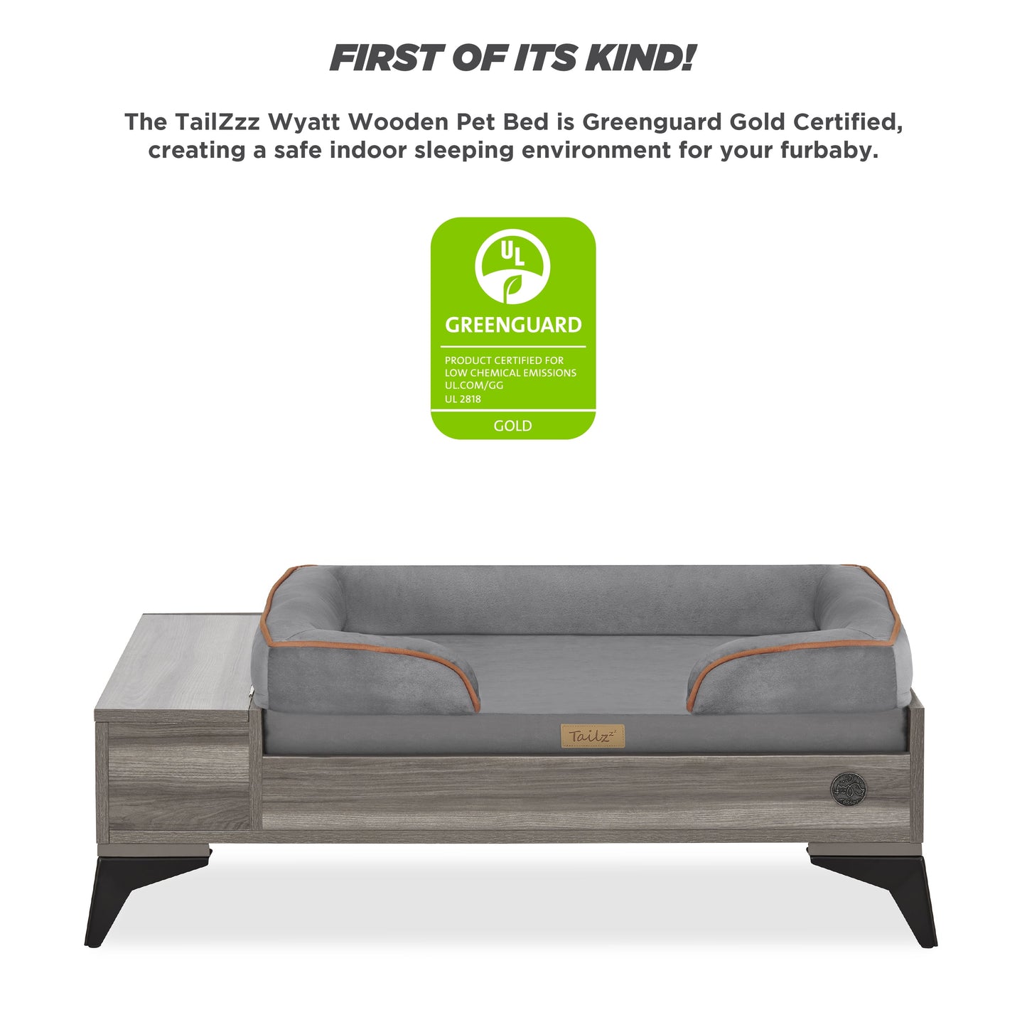 Wyatt Elevated Wooden Pet Bed with Mattress and Storage | Greenguard Gold Certified for Small to Medium Pets