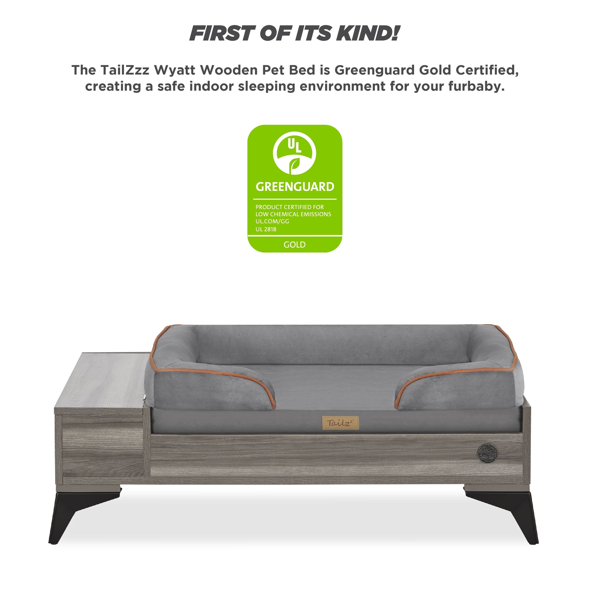 Wyatt Elevated Wooden Pet Bed with Mattress and Storage | Greenguard Gold Certified for Small to Medium Pets