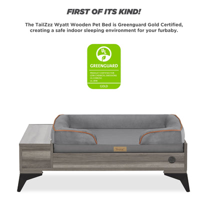 Wyatt Elevated Wooden Pet Bed with Mattress and Storage | Greenguard Gold Certified for Small to Medium Pets
